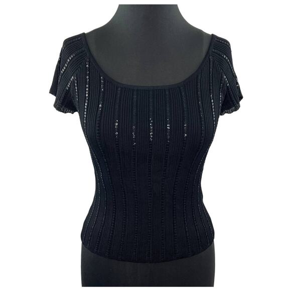 VINTAGE Laundry Shelli Segal Black Short Sleeve Mesh Overlay Sequin Stripe Top L - Picture 1 of 6